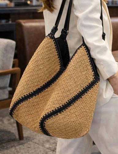Woven straw tote - bag, geometric