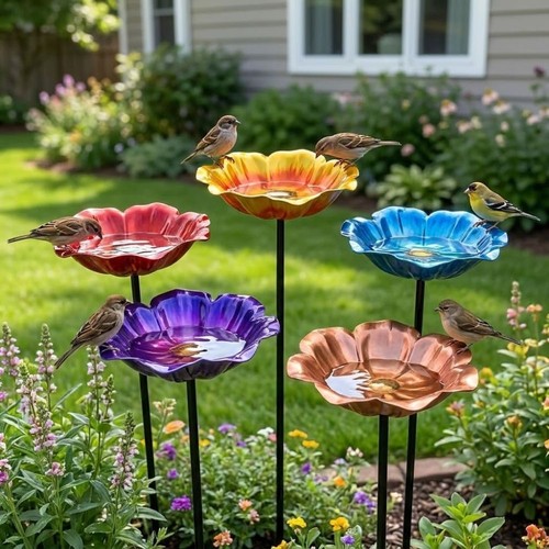 Bird bath stake metal flower - bath,