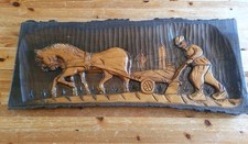 Vintage  Carved Wooden Wall Hanging Folk Art  Farmer & Horse Plough 3D 33" x 15"