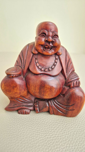 Carved wooden laughing buddha - laughing,
