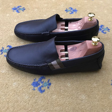 Gucci Loafers Leather Shoes Drivers Brown Web Script Mens US 12 UK 11.5 45.5 NEW