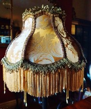 Madame Bella, Victorian  glass beaded lampshade. Oyster & gold damask. 12"