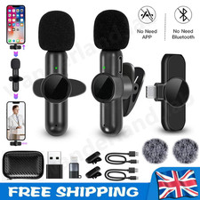 2x Wireless Lavalier Microphone Phone Mic Plug-Play Lapel Mic for iPhone Android