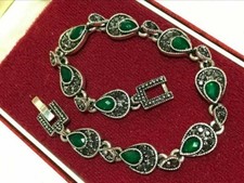 Vintage Art Style Green Glass & Marcasite Style Crystal 19cm BRACELET