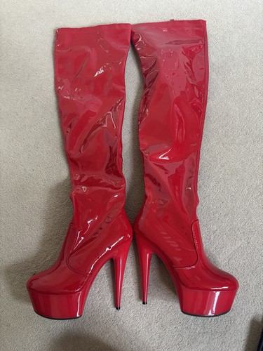 Red platform thigh high pvc - red,