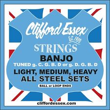CLIFFORD ESSEX 5 STRING BANJO STRINGS. ALL STEEL. LIGHT, MEDIUM & HEAVY SETS