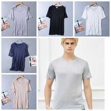 Men Mulberry Silk Basic T-Shirts V Neck Short Sleeve Knit Silk Tops Slim Tees
