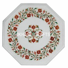 15" White Marble Side Table Top Inlay Art Pietra Dura Floral Work Home Decor