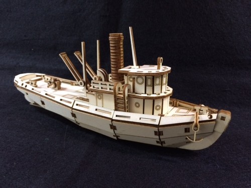 Laser cut wooden tug boat - wooden, 3d