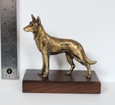 Vintage German Shepherd Bronze or Brass Dog Statue on Wood Base