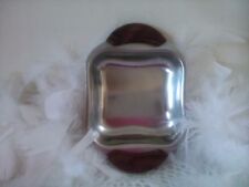 Stainless dish with wooden handle, square metal dish, metal serving dish