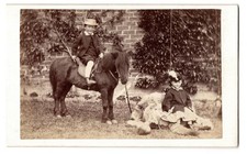 Unusual ANIMALS CDV PHOTO Boy SHETLAND PONY Girl on STUFFED HORSE Alnwick c1890