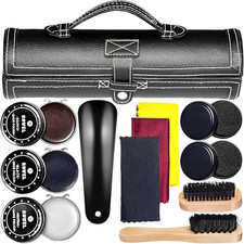 Shoe Polish Kit Cleaning & Shine Set Horsehair Brushes Leather Boot Care Wooden