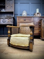 Antique Leather Cane Child’s Chair – Woven Seat Vintage Wooden Armchair