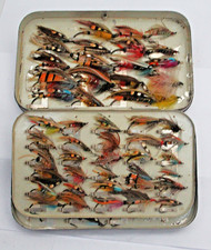 8" Malloch JAPANNED FLY BOX +SWING LEAF + 103 4 to 4/0 VINTAGE SALMON FLIES (24