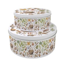 Set of 2 Woodland Cake Tins - Nature Themed Round Metal Storage Gifts for Baking