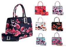 2IN1 New Womens Poppy Flower Shiny Patent Large Shoulder Tote Bag & Small Wallet