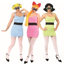 LADIES 1990s POWERPUFF GIRLS COSTUMES & ACCESSORY SETS ADULTS 90s FANCY DRESS
