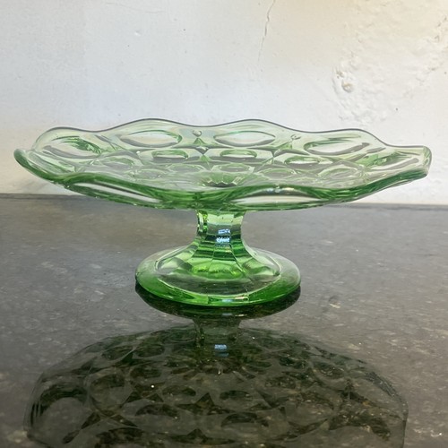 Green pressed glass cake - glass, stand