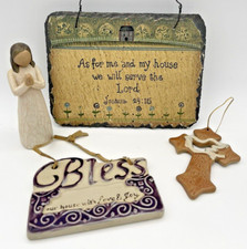 Faith & Christianity Lot of 4, Small Signs, Willow Tree Sisters & Pottery Cross