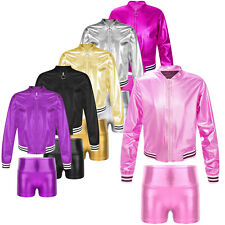 Kids Girls Tracksuit 2pcs Activewear Exercise Training Sweatsuit Shiny Metallic