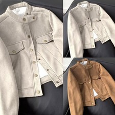 Men Suede Casual Jacket with Stand Collar and Button Retro Streetwear Look
