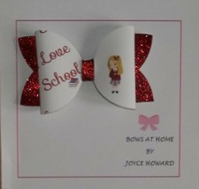 HANDMADE  HAIR BOWS -  GLITTER AND FAUX LEATHER - I LOVE SCHOOL