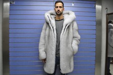 Luxury Full Skin "Blue" Fox Fur Mens Coat Real Fur White Skin To Skin Fox Hood