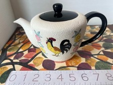 Vintage MCM Flocked Ceramic Teapot with Rooster and Flowers 7" Tall