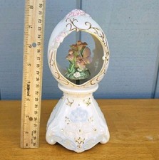 Egg Shaped Porcelain Music Box Revolving Butterflies Floral 8'' Tall Classical