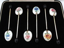 Cased Vintage Sterling Silver Gilt English Floral Enamel Tea Coffee Bean Spoons