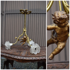 Antique French brass putti cherub angel chandelier 3 arms lamp