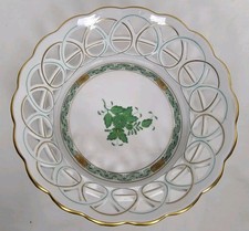 Herend Apponyi Green Porcelain Open Weave Basket Bread Fruit No 6 Hungary