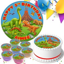 DINOSAUR HAPPY BIRTHDAY PERSONALISED EDIBLE CAKE TOPPER & CUPCAKE TOPPERS R-760