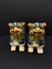 Pair Ceramic Foo Dogs Chinese Guardian Lions Drip Glaze Figurines 13cm