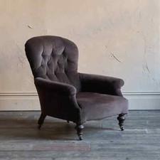 Antique Deep Buttoned Spoon Back Armchair Brown Velvet Upholstery Sprung Seat