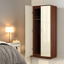2 Door Plain Wardrobe - Cream Gloss Fronts & Walnut Matt Carcass REFLECT