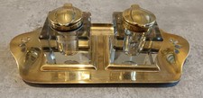 BRASS DESK INKWELL CUT GLASS