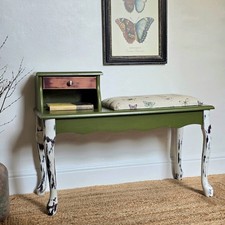 Hand-painted vintage telephone table, gossip bench with seat and drawer