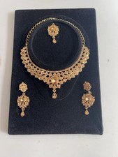 Indian Pakistani Bridal Necklace Earrings  Tikka Set Gold Stones Costume Jewelry