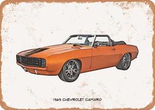 Classic Car Art - 1969 Chevrolet Camaro Pencil Sketch - Rusty Look Metal Sign 2