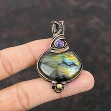 Labradorite Gemstone Jewelry Copper Gift For Bestie Wire Wrapped Pendant 2.44"