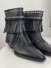Zara Black Leather Fringe Boots Western Cowboy Style UK 5 EU 38 US 7 RRP £109 