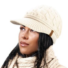 Ladies Peaked Cable Knit Warm R80 Teddy Fleece Lined Beanie Winter Hat Cap