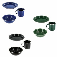 HIGHLANDER DELUXE ENAMEL BOWL MUG AND PLATE SET  Hard Wearing Steel Camping 