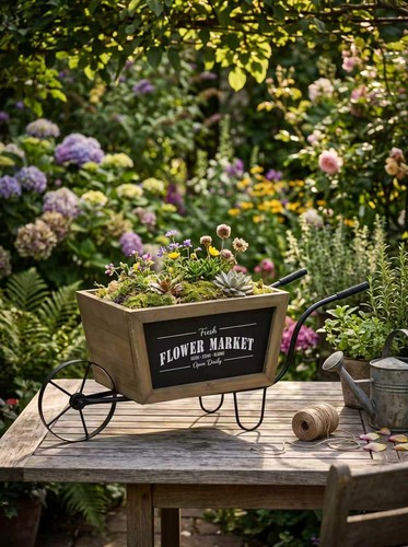 Brown wooden wheelbarrow - wooden,