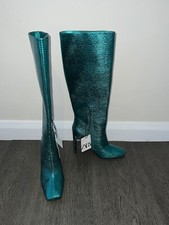 ZARA Metallic Ladies Green Knee High Boots Shoes  Embossed UK 3 EU 36 Festival