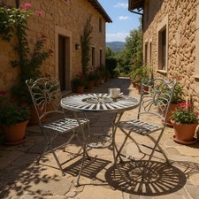 Stylish Metal Grey Garden Bistro Set – 3-Piece Outdoor Round Table & Chair Set