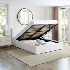 5FT Kingsize Ottoman Bed White PU Leather Gas Lift Storage Frame LUNA