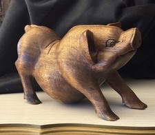 Vintage Asian Pot Belly Pig Hand Carved Solid Wood Folk Art